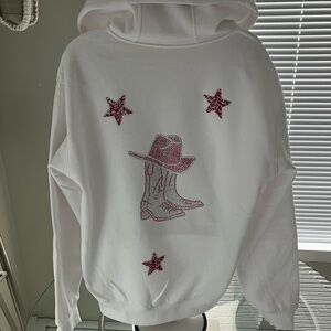 White Hoodie with Cowboy Boot and Star Design